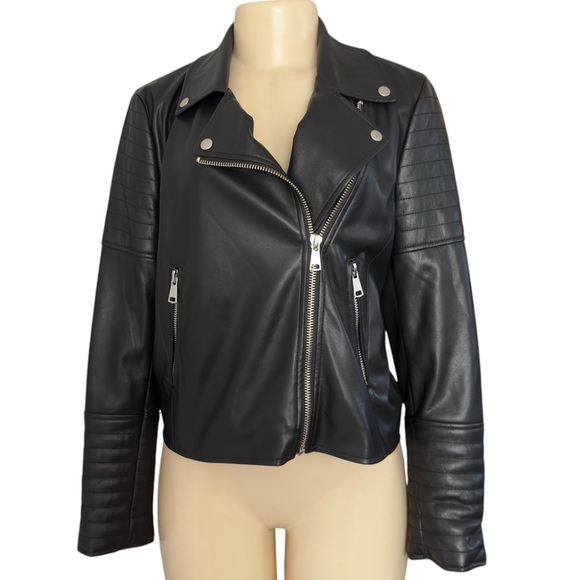 7FAMK‎ 7 For All Man Kind Black Faux Leather Motorcycle Jacket NWOT Bikercore M - Picture 1 of 15